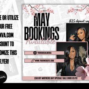 May include: Pink and white flyer with a floral design. The text reads "May Bookings Available" with a social media icon and website address. The flyer also includes the text "$25 deposit required" and "$50 off Mother's Day Special! Sale ends XX/XX".