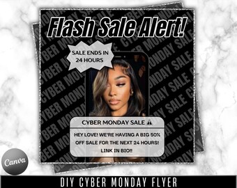 Flyer de Cyber Monday DIY | Vendas de Cyber Monday | Flyer de negócios de cabelo, unhas, cílios e maquiagem DIY | Flyer de venda relâmpago | Flyer de Cyber Monday rosa