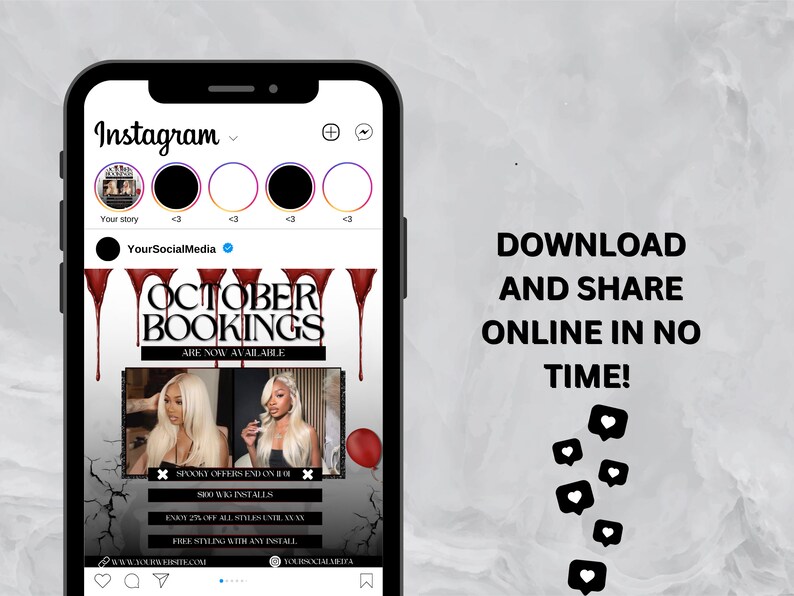 K&ouml;nnte beinhalten: Instagram-Post, der Oktober-Buchungen f&uuml;r Haarverl&auml;ngerungen bewirbt. Der Beitrag zeigt einen roten, tropfenden Hintergrund mit dem Text "Oktober-Buchungen" und "Sind jetzt verf&uuml;gbar". Der Beitrag enth&auml;lt au&szlig;erdem ein Foto von zwei Frauen mit langen blonden Haarverl&auml;ngerungen sowie Details zu Sonderangeboten und kostenlosem Styling.