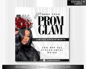 Volantino per prenotazioni per il ballo di fine anno, Volantino offerte speciali per il ballo di fine anno, Appuntamenti per il ballo di fine anno, Trucco e acconciatura, Capelli, Ciglia, Unghie, Modello Canva fai da te