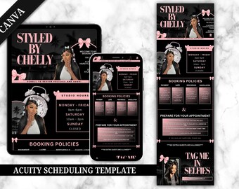 May include: A black and pink Acuity scheduling template with the text "Styled by Chelly". The template includes studio hours, booking policies, and a section to prepare for appointments. The design features a woman's image and pink bows.