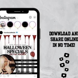 K&ouml;nnte beinhalten: Instagram-Post, der Halloween-Angebote f&uuml;r Haarverl&auml;ngerungen bewirbt. Das Bild zeigt eine Frau mit langen blonden Haaren, einen roten Ballon und tropfendes Blut. Der Text lautet "Halloween-Angebote sind jetzt verf&uuml;gbar" und enth&auml;lt Details zu Per&uuml;ckeninstallationen und Rabatten.