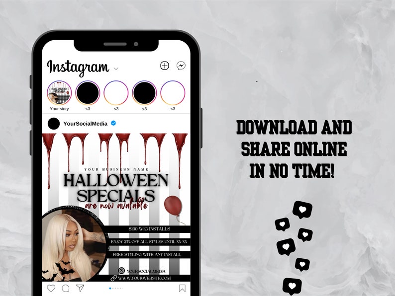 K&ouml;nnte beinhalten: Instagram-Post, der Halloween-Angebote f&uuml;r Haarverl&auml;ngerungen bewirbt. Das Bild zeigt eine Frau mit langen blonden Haaren, einen roten Ballon und tropfendes Blut. Der Text lautet "Halloween-Angebote sind jetzt verf&uuml;gbar" und enth&auml;lt Details zu Per&uuml;ckeninstallationen und Rabatten.