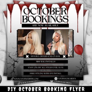K&ouml;nnte beinhalten: Ein Flyer mit einem rissigen Schwarz-Wei&szlig;-Hintergrund und roter, tropfender Farbe. Der Text lautet "Oktober-Buchungen sind jetzt verf&uuml;gbar". Es gibt zwei Bilder von Frauen mit langen blonden Haaren. Der Text lautet auch "Gruselige Angebote enden am 11/01", "100 &euro; Per&uuml;ckeninstallationen", "Genie&szlig;en Sie 25 % Rabatt auf alle Styles bis XX/XX" und "Kostenloses Styling bei jeder Installation".