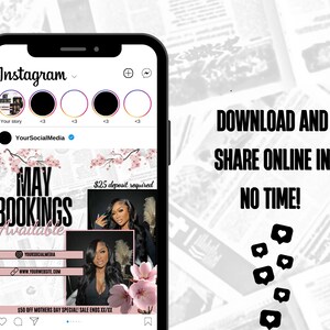 May include: A pink and white floral Instagram post with a black background. The text reads "MAY BOOKINGS Available" and "$25 deposit required". There is a $50 off Mother's Day special sale offer.