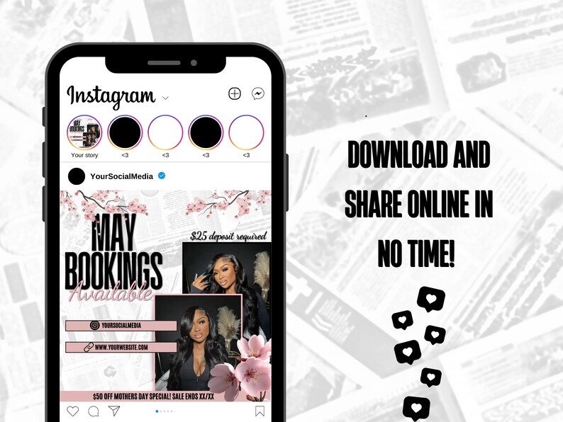 May include: A pink and white floral Instagram post with a black background. The text reads "MAY BOOKINGS Available" and "$25 deposit required". There is a $50 off Mother's Day special sale offer.
