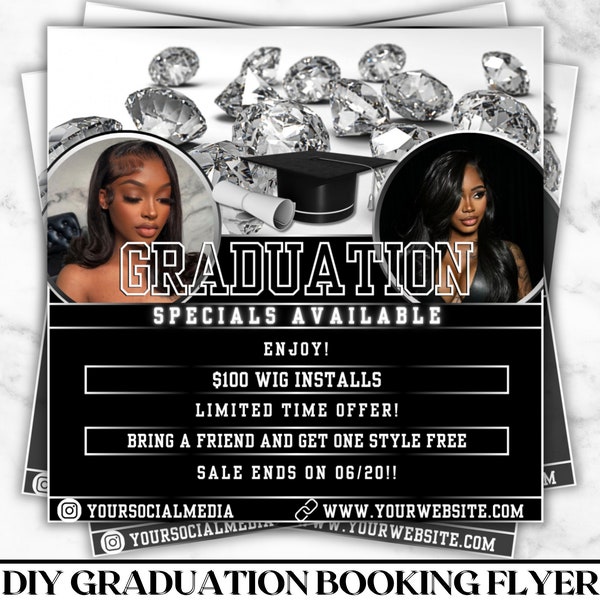 DIY Graduation Booking Flyer, Graduation Specials Flyer, Homecoming Flyer, Prom Flyer, Makeup, Hair, Lashes, Nails, DIY Canva Template