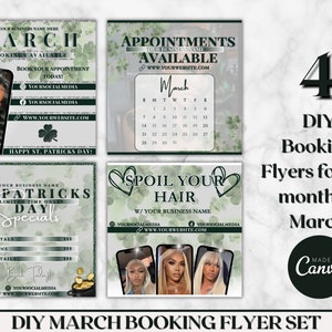 DIY March Booking  Flyer Bundle, St Patricks Day Booking  Flyer, Holiday Deals Flyer, Makeup, Hair, Lashes, Nails, DIY Canva Templates