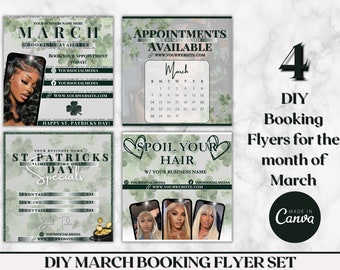 DIY March Booking  Flyer Bundle, St Patricks Day Booking  Flyer, Holiday Deals Flyer, Makeup, Hair, Lashes, Nails, DIY Canva Templates