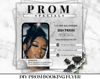 Flyer de réservation de bal de fin d'année à faire soi-même, Flyer de promotions pour le bal de promo, Flyer de retour à la maison, Maquillage, Cheveux, Cils, Ongles, Modèle de toile DIY