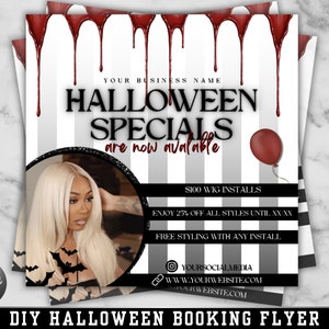 K&ouml;nnte beinhalten: Ein schwarz-wei&szlig; gestreifter Flyer mit roter, tropfender Farbe. Der Flyer wirbt f&uuml;r Halloween-Angebote f&uuml;r Per&uuml;ckeninstallationen. Der Text lautet "Halloween Specials are now available", "100 &euro; Per&uuml;ckeninstallation", "Profitieren Sie von 25% Rabatt auf alle Styles bis zum XX/XX", "Kostenloses Styling bei jeder Installation", "YOURBUSINESSNAME", "YOURSOCIALMEDIA", "WWW.YOURWEBSITE.COM" und "YOURWEBSITE.COM".