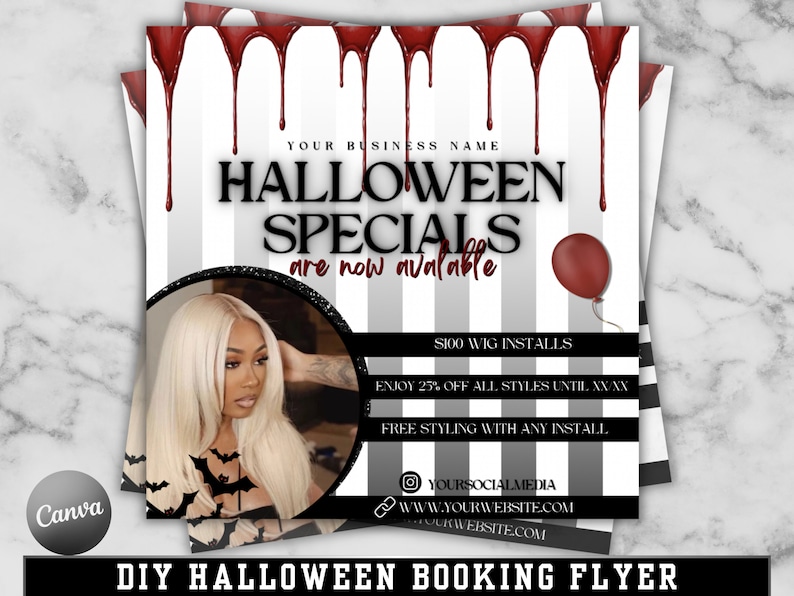 K&ouml;nnte beinhalten: Ein schwarz-wei&szlig; gestreifter Flyer mit roter, tropfender Farbe. Der Flyer wirbt f&uuml;r Halloween-Angebote f&uuml;r Per&uuml;ckeninstallationen. Der Text lautet "Halloween Specials are now available", "100 &euro; Per&uuml;ckeninstallation", "Profitieren Sie von 25% Rabatt auf alle Styles bis zum XX/XX", "Kostenloses Styling bei jeder Installation", "YOURBUSINESSNAME", "YOURSOCIALMEDIA", "WWW.YOURWEBSITE.COM" und "YOURWEBSITE.COM".