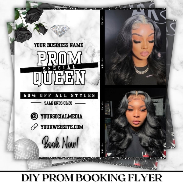 DIY Prom Booking Flyer, Prom Specials Flyer, Homecoming Flyer, Makeup, Hair, Lashes, Nails, DIY Canva Template