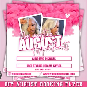August Booking Flyer, August Specials,  August Bookings Available for MUA, Hair, Lashes, Nails, Beauty Flyer, DIY Canva Template, Book Now