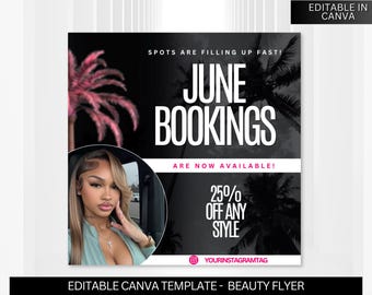 June Booking Flyer, Summer Booking Flyer, DIY Booking Flyer for Makeup, Hair, Lashes, Nails, Beauty Flyer, DIY Canva Template, Book Now