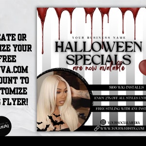 K&ouml;nnte beinhalten: Ein Halloween-Flyer mit einem rot-wei&szlig; gestreiften Hintergrund. Der Flyer wirbt f&uuml;r Per&uuml;ckeninstallationen f&uuml;r 100 &euro; und 25 % Rabatt auf alle Styles bis zu einem bestimmten Datum. Der Flyer beinhaltet auch ein Angebot f&uuml;r kostenloses Styling bei jeder Installation. Der Flyer enth&auml;lt ein Foto einer Frau mit blonden Haaren und einer schwarzen Fledermausgrafik. Der Text auf dem Flyer lautet "Halloween-Angebote sind jetzt verf&uuml;gbar".