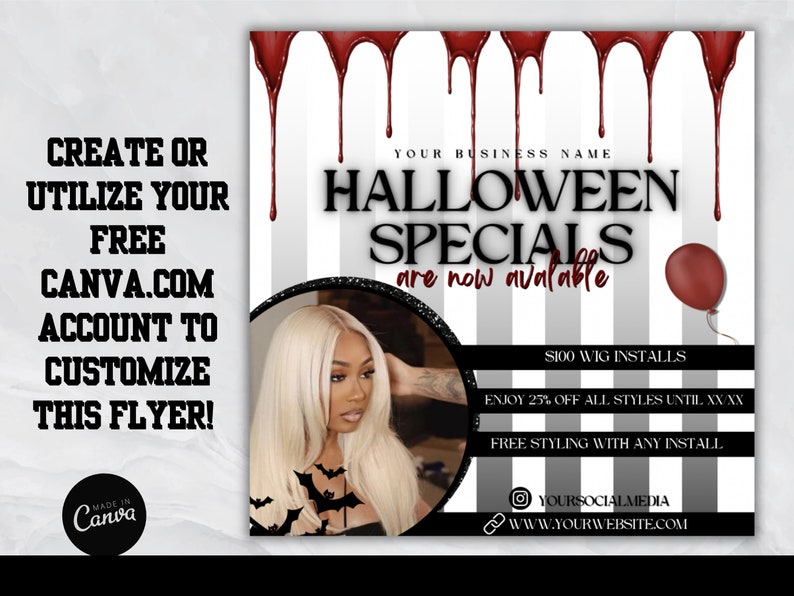 K&ouml;nnte beinhalten: Ein Halloween-Flyer mit einem rot-wei&szlig; gestreiften Hintergrund. Der Flyer wirbt f&uuml;r Per&uuml;ckeninstallationen f&uuml;r 100 &euro; und 25 % Rabatt auf alle Styles bis zu einem bestimmten Datum. Der Flyer beinhaltet auch ein Angebot f&uuml;r kostenloses Styling bei jeder Installation. Der Flyer enth&auml;lt ein Foto einer Frau mit blonden Haaren und einer schwarzen Fledermausgrafik. Der Text auf dem Flyer lautet "Halloween-Angebote sind jetzt verf&uuml;gbar".