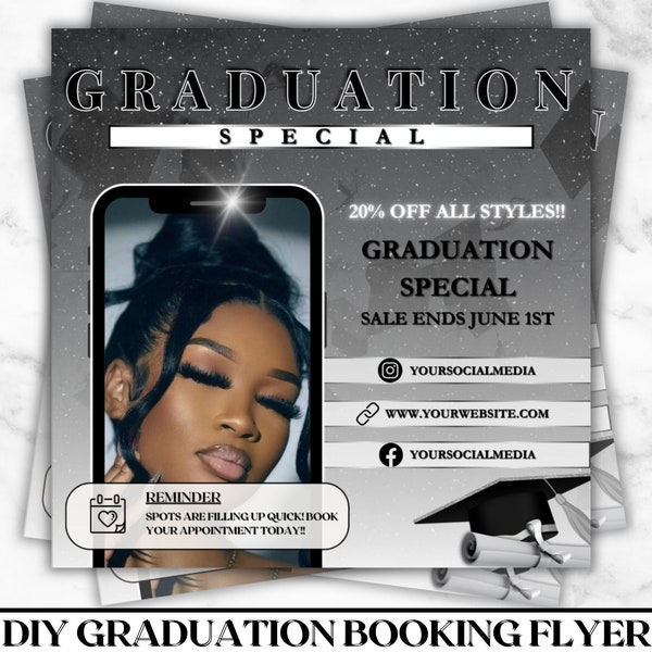 DIY Graduation Booking Flyer, Graduation Specials Flyer, Homecoming Flyer, Prom Flyer, Makeup, Hair, Lashes, Nails, DIY Canva Template