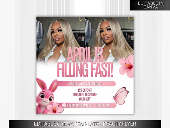 April Booking Flyer DIY Template, Customizable April Flyer, DIY Canva Template for Makeup, Hair, Lashes, Nails - Spring Themed, Book Today