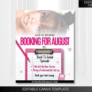 August Booking Flyer, August Specials,  August Bookings Available for MUA, Hair, Lashes, Nails, Beauty Flyer, DIY Canva Template, Book Now