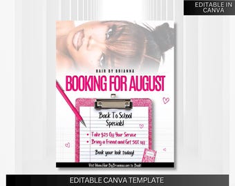Buchungsflyer für August, August-Angebote, Termine für Make-up, Haare, Wimpern, Nägel, Beauty-Behandlungen im August verfügbar, DIY-Canva-Vorlage, Jetzt buchen