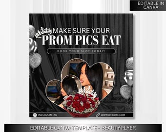 Volantino per prenotazioni per il ballo di fine anno, Volantino offerte speciali per il ballo di fine anno, Appuntamenti per il ballo di fine anno, Trucco e acconciatura, Capelli, Ciglia, Unghie, Modello Canva fai da te