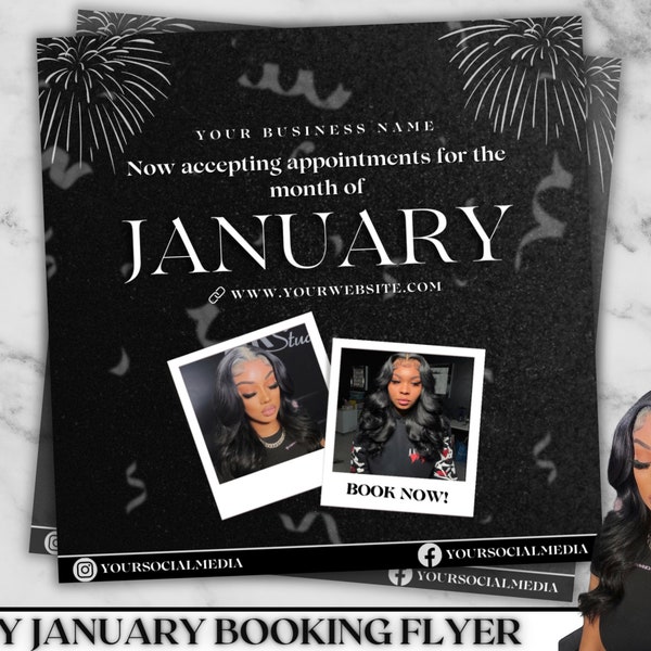 DIY January Booking Flyer, New Years Booking Flyer, Holiday Deals Flyer, Makeup, Hair, Lashes, Nails, DIY Canva Template