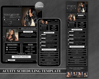 Può includere: Un modello digitale in bianco e nero per la pianificazione degli appuntamenti. Il modello presenta un'immagine stilizzata di una donna con lunghi capelli neri, il testo "Touched by Duan", e le parole "Meet Your Stylist", "Contact Info", "Hours", "Booking Policies", "Prepare for Your Appointment", "Additional Fees", e "Tag Us in Selfies! To Be Featured!"