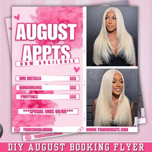 DIY August Booking Flyer, August Specials,  August Bookings Available for MUA, Hair, Lashes, Nails Flyer, DIY Canva Template, Book Now