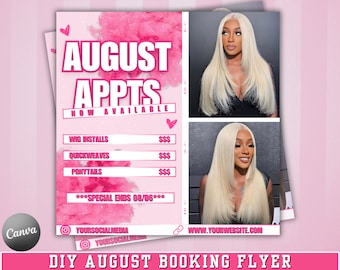 DIY-August-Buchungsflyer, August-Angebote, August-Buchungen verfügbar für MUA, Haare, Wimpern, Nägel-Flyer, DIY Canva-Vorlage, Jetzt buchen
