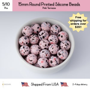 15mm Round Pink Terrazzo Printed Silicone Beads for Pens and DIY, Wholesale Silicone Beads, Silicone Beads, Loose Silicone Beads