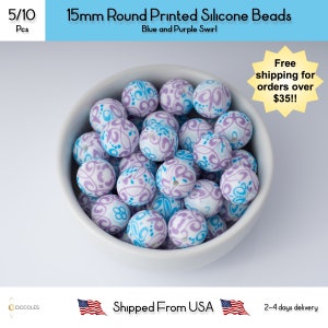 15mm Round Blue and Purple Swirl Printed Silicone Beads for Pens and DIY, Wholesale Silicone Beads, Silicone Beads, Loose Silicone Beads