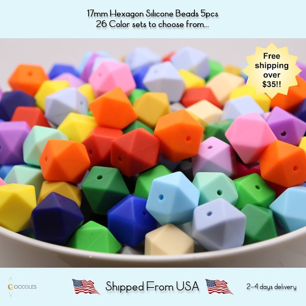 5pcs 17mm Silicone Hexagon Beads solid colors for Bracelet, Necklace, Earring DIY Crafts - Fast Shipping - Shipped from USA