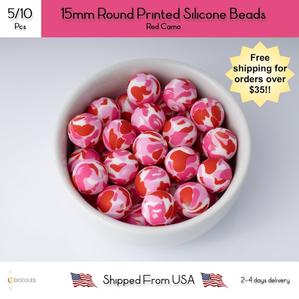 15mm Round Red Camo Printed Silicone Beads for Pens and DIY, Wholesale Silicone Beads, Silicone Beads, Loose Silicone Beads