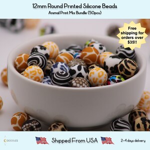 50pcs 12mm Silicone Round Printed Beads - Animal Mix Set for Bracelet, Necklace, Earring DIY Crafts - Fast Shipping - Shipped from USA