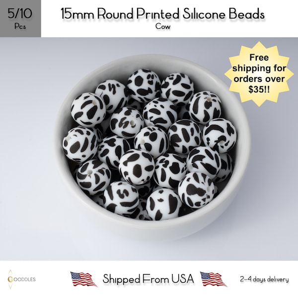 15mm Round Cow Printed Silicone Beads for Pens and DIY, Wholesale Silicone Beads, Silicone Beads, Loose Silicone Beads