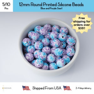 12mm Round Blue and Purple Swirl Printed Silicone Beads for Pens and DIY, Wholesale Silicone Beads, Silicone Beads, Loose Silicone Beads