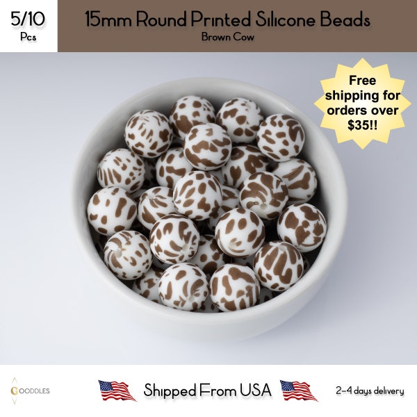 15mm Round Brown Cow Printed Silicone Beads for Pens and DIY, Wholesale Silicone Beads, Silicone Beads, Loose Silicone Beads