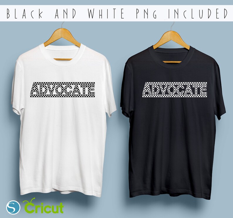 May include: Two t-shirts, one white and one black, with the word "ADVOCATE" printed in a checkered pattern on the front.