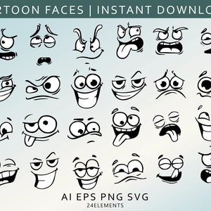 Cartoon Emotion Faces SVG Bundle, Kawaii Face SVG, Cute Funny Face SVG, Emoji face, cartoon face clipart, comics face, png, silhouette