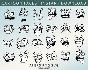 Cartoon Emotion Faces SVG Bundle, Kawaii Face SVG, Cute Funny Face SVG, Emoji face, cartoon face clipart, comics face, png, silhouette