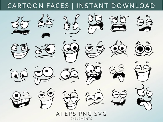 Cartoon Emotion Faces SVG Bundle, Kawaii Face SVG, Cute Funny Face SVG, Emoji face, cartoon face clipart, comics face, png, silhouette
