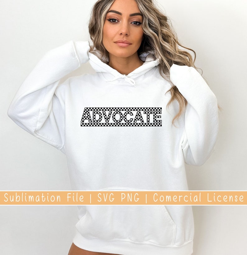 May include: White hoodie with a black and white checkered design that says "ADVOCATE" on the front.