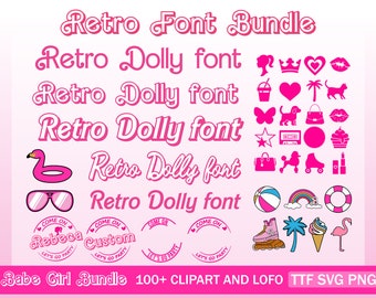 5 Retro Dolly Font Bundle SVG and OTF, TTF, Bonus Clipart bundle, Canvas, Cricut Compatible, Outline, Sublimation Cricut Cut File