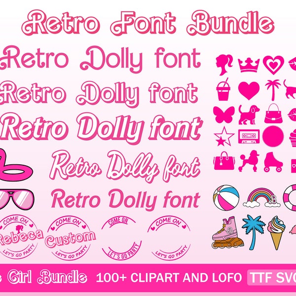 Lot de 5 polices Dolly rétro SVG et OTF, TTF, ensemble de cliparts Bonus, toile, compatible Cricut, contour, fichier de coupe Cricut par sublimation