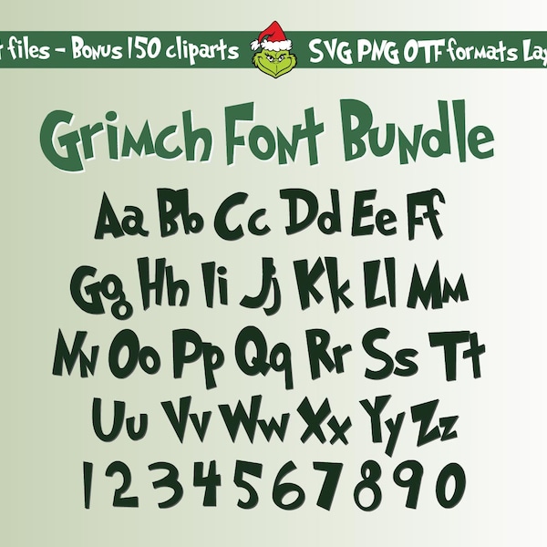 Gronch Font SVG, PNG, Otf Ttf, Christmas Grimch Alphabet Whoville Type, Police Grouchy avec bonus Cliparts + Icônes pour Cricut & Silhouette