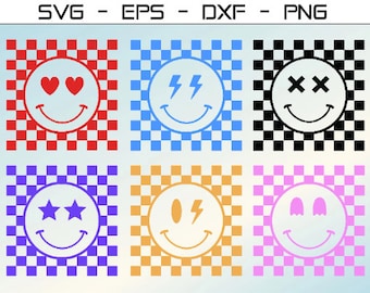 Checkered Smiley Svg, Bundle Checkered Pattern Svg, Smiley Face Svg, Lightning Bolt Svg, Cricut Ready, Svg, Esp, Png, Instant Download