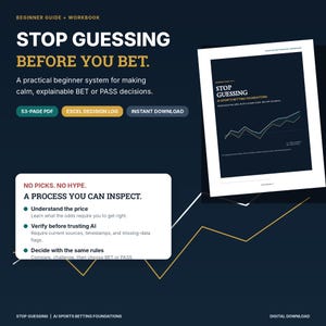 May include: A digital guide and workbook titled STOP GUESSING BEFORE YOU BET, featuring a 53-page PDF, Excel decision log, and instant download. The document includes a process for sports betting, with text detailing how to understand price, verify AI, and decide with rules, alongside a line graph illustration.