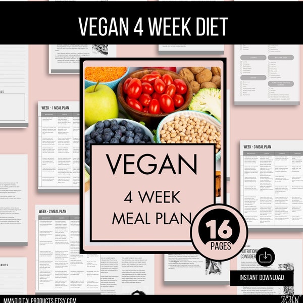 4-Week Vegan Plant Based Meal Plan Guide: Easy, Healthy & Delicious Recipes for Plant-Based Living, Instant Downloadable 16-page guide