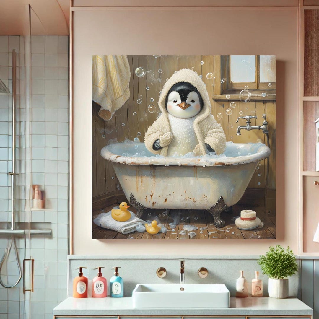 Penguin Canvas Wall Art for Cute Animal Lovers Bathroom Decor - Etsy